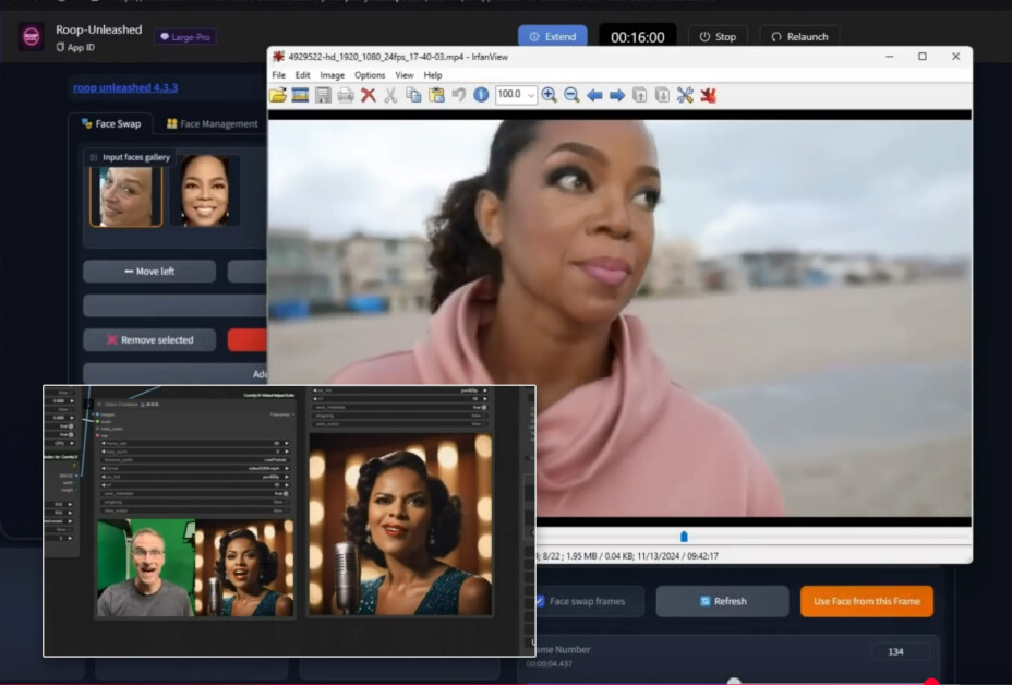 Exemplos do ROOP Unleashed e LivePortrait (inserido na parte inferior esquerda), do fluxo de conteúdo de Bob Doyle no YouTube. Fontes: https://www.youtube.com/watch?v=i39xeYPBAAM e https://www.youtube.com/watch?v=QGatEItg2Ns
