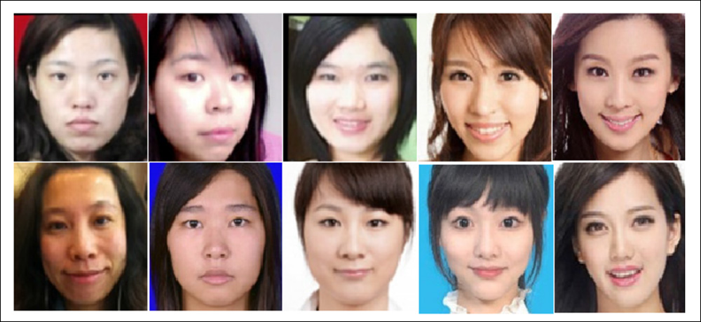 Exemplos de conjuntos de dados do artigo de 2020 'Asian Female Facial Beauty Prediction Using Deep Neural Networks via Transfer Learning and Multi-Channel Feature Fusion'. Fonte: https://www.semanticscholar.org/paper/Asian-Female-Facial-Beauty-Prediction-Using-Deep-Zhai-Huang/59776a6fb0642de5338a3dd9bac112194906bf30