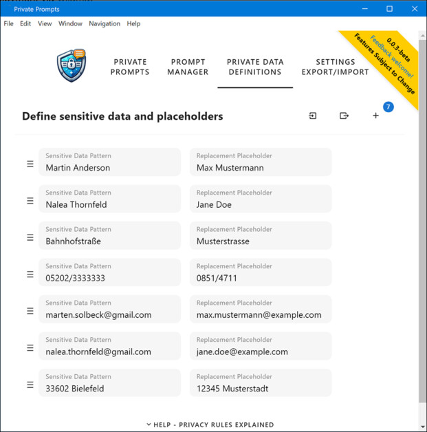 O executável Private Prompts permite uma lista de substituições alternativas para texto de entrada do usuário.