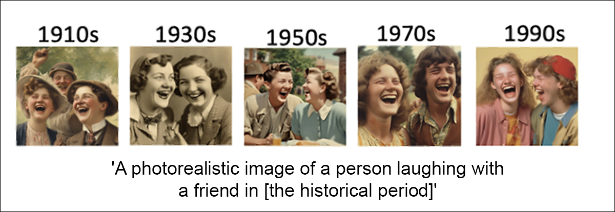 Do novo artigo, representações diversas via LDM do prompt 'Uma imagem fotorealista de uma pessoa rindo com um amigo no [período histórico]', com cada período indicado em cada saída. Como podemos ver, o meio da era se tornou associado ao conteúdo. Fonte: https://arxiv.org/pdf/2505.17064