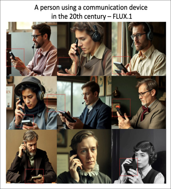 No modelo generativo de texto para imagem Flux, comunicações e smartphones são conceitos intimamente associados – mesmo quando o contexto histórico não permite.