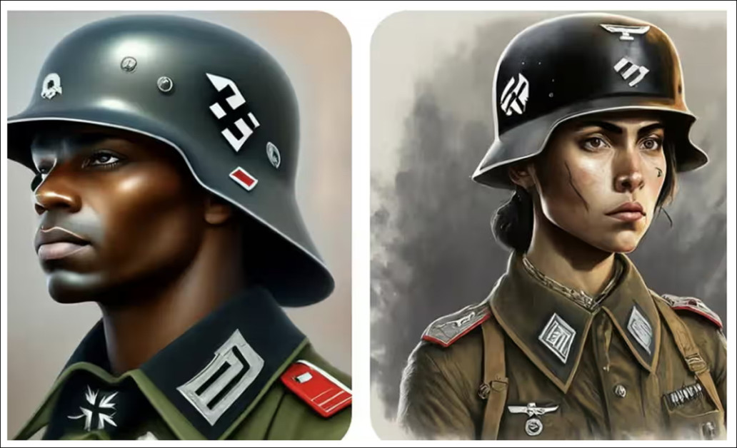 Pessoal militar alemão demograficamente improvável, conforme imaginado pelo modelo multimodal Gemini do Google em 2024. Fonte: Gemini AI/Google via The Guardian