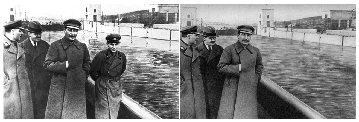 Agora você o vê, agora ele está…vapor. Manipulação fotográfica da era Stalin remove um membro do partido envergonhado da história. Fonte: Domínio público, via https://www.rferl.org/a/soviet-airbrushing-the-censors-who-scratched-out-history/29361426.html